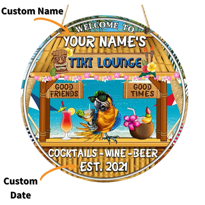Parrot Drinks Tiki Lounge Sign Custom Round Wood Sign | Home Decoration | Waterproof | WN1385-Colorful-Gerbera Prints.