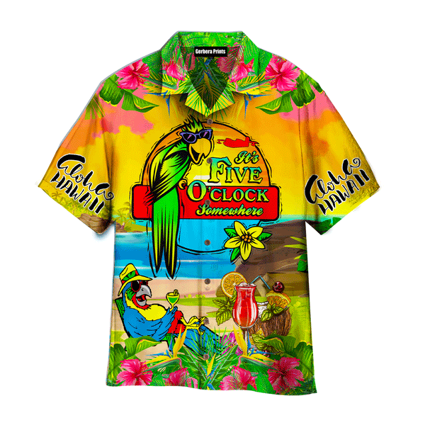 Jimmy Buffett's Margaritaville Parrot Tropical Flower It's 5 O'clock Somewhere Yellow Aloha Hawaiian Shirts For Men And Women WT8003
