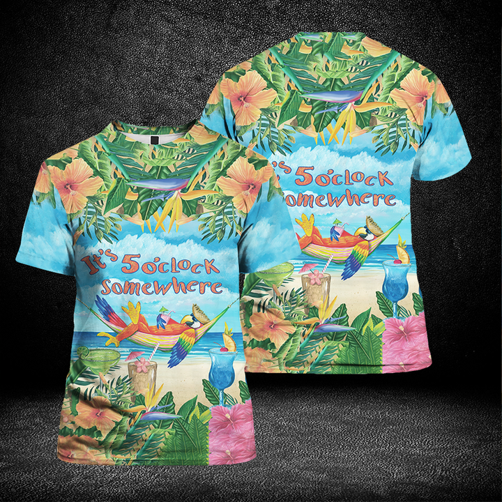 Parrot It's 5 O'clock Somewhere Tropical Hibiscus Flower All Over Print For Men And Women HP1700-Tee 3D-Gerbera Prints.