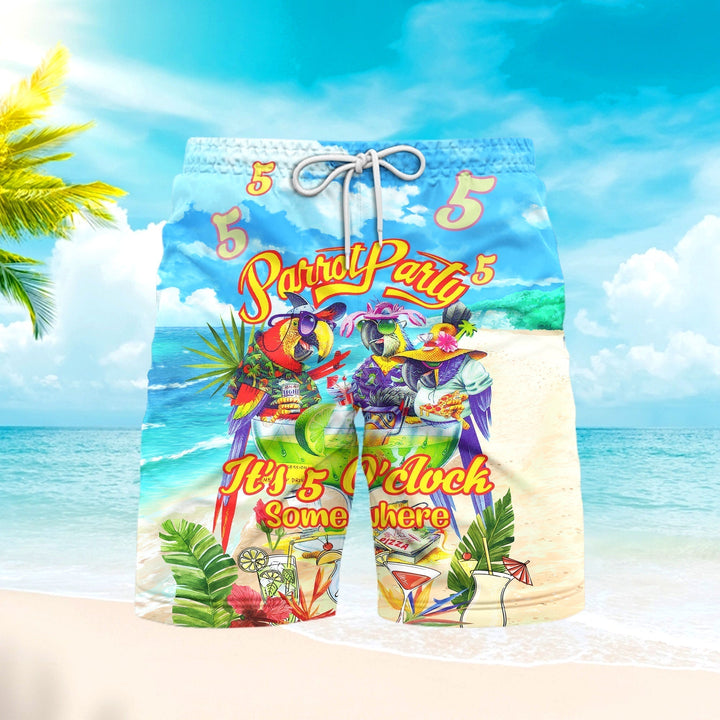 Parrot It's 5 O'clock Somewhere Blue And White Beach Shorts For Men