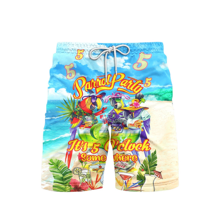 Parrot It's 5 O'clock Somewhere Blue And White Beach Shorts For Men