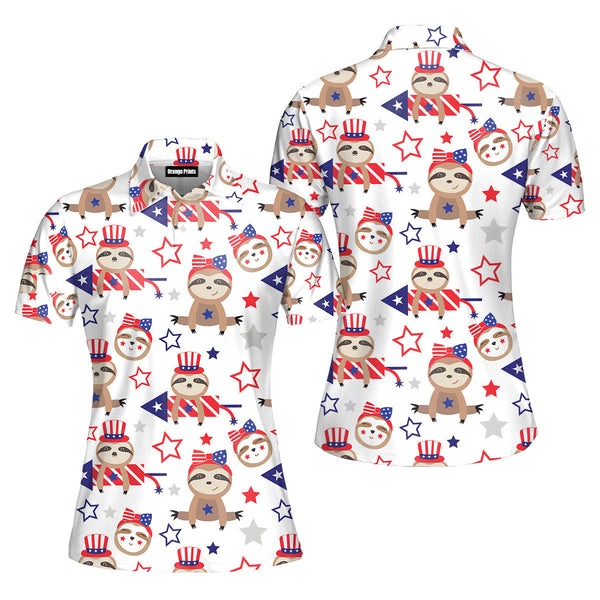 Patriotic Sloth Bears Independence Day 4th Of July Polo Shirt For Women