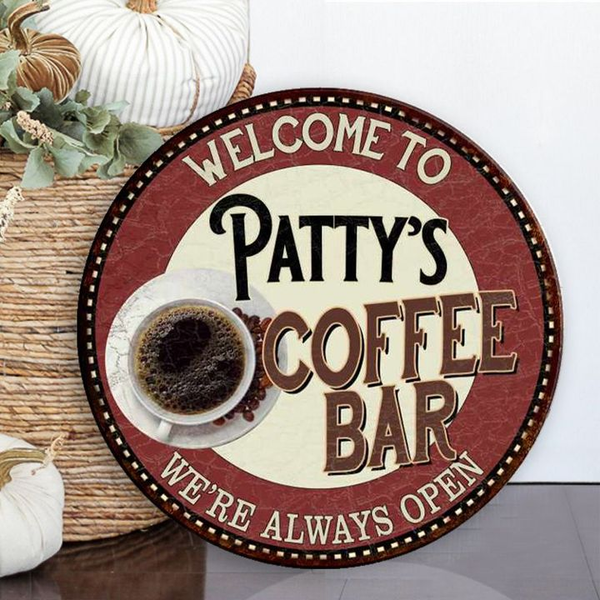 Patty's Coffee Bar Round Wood Sign | Home Decoration | Waterproof | WS1005-Colorful-Gerbera Prints.