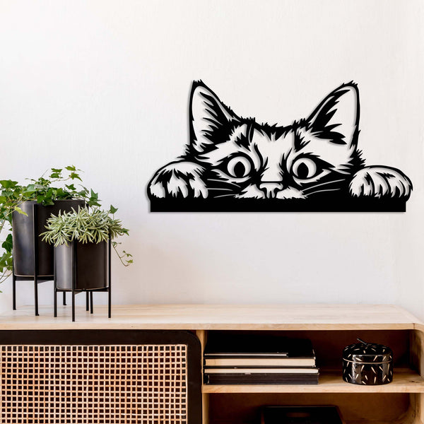 Peeking Cat Cut Metal Sign | MS1167-Black-Gerbera Prints.