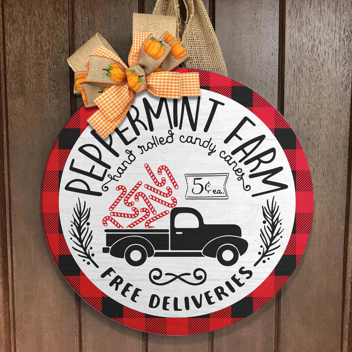 Peppermint Farm Candy Canes Door Sign Custom Round Wood Sign | Home Decoration | Waterproof | WN1419-Gerbera Prints.