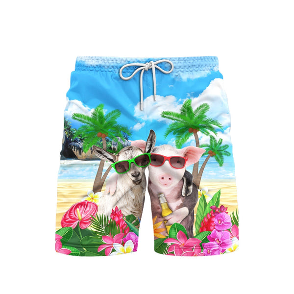 Pig And Goat In Sunglasses Hugging While Drinking Beer Beach Shorts For Men