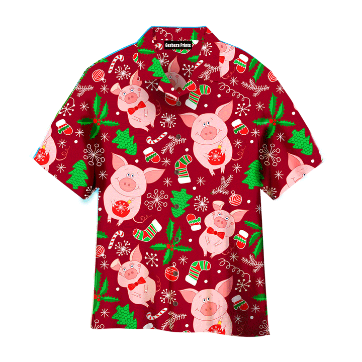 Pig Merry Pigmas Christmas Pattern Red And Pink Aloha Hawaiian Shirts For Men And For Women WT7508