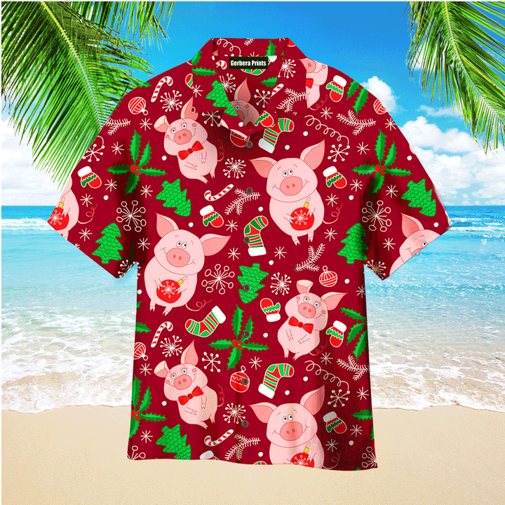 Pig Merry Pigmas Christmas Pattern Red And Pink Aloha Hawaiian Shirts For Men And For Women WT7508