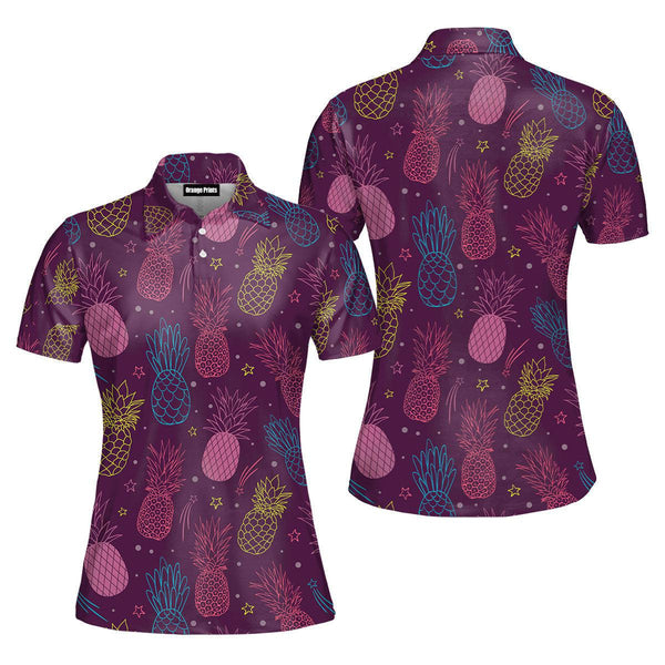 Pineapple Party Purple Summer Tropical Polo Shirt For Women