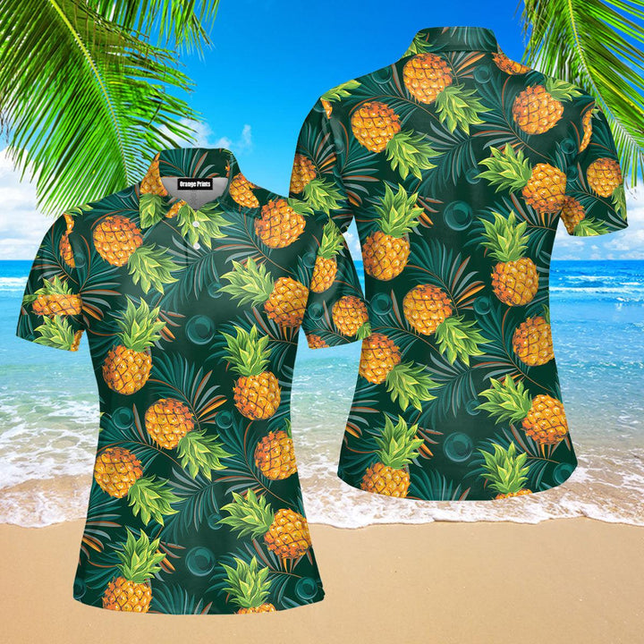 Pineapples With Palm Leaves Tropical Polo Shirt For Women