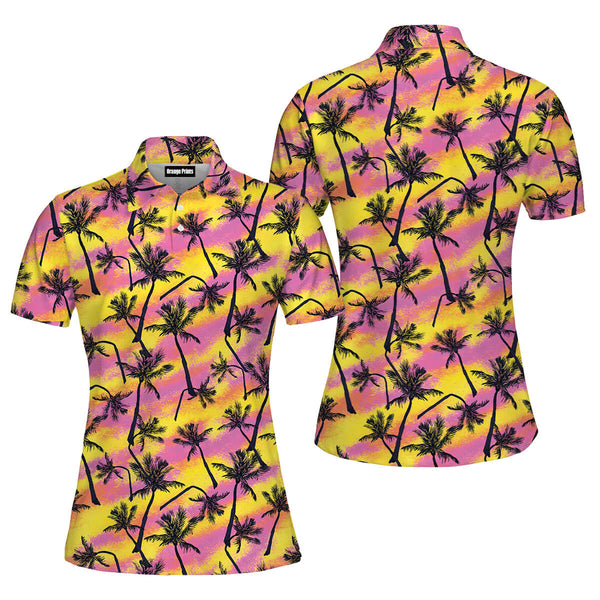 Pink And Yellow Palm Trees Beach Polo Shirt For Women