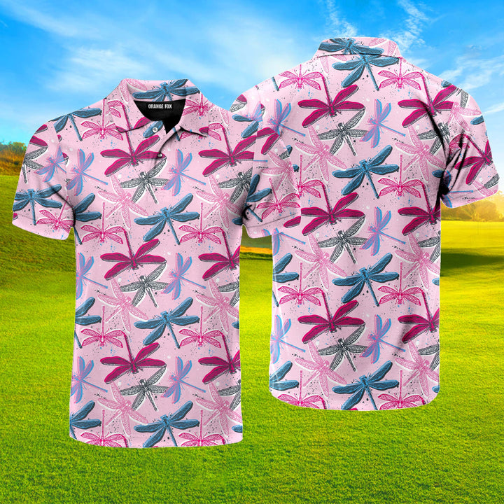 Pink Colorful Dragonflies Insects Polo Shirt For Men