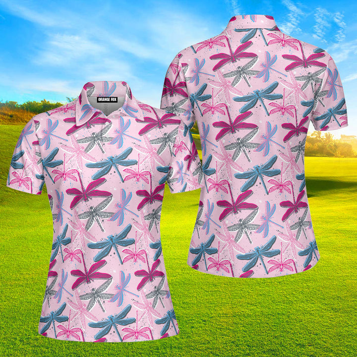 Pink Colorful Dragonflies Insects Polo Shirt For Women