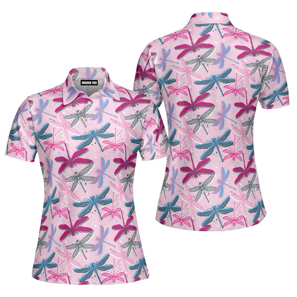 Pink Colorful Dragonflies Insects Polo Shirt For Women