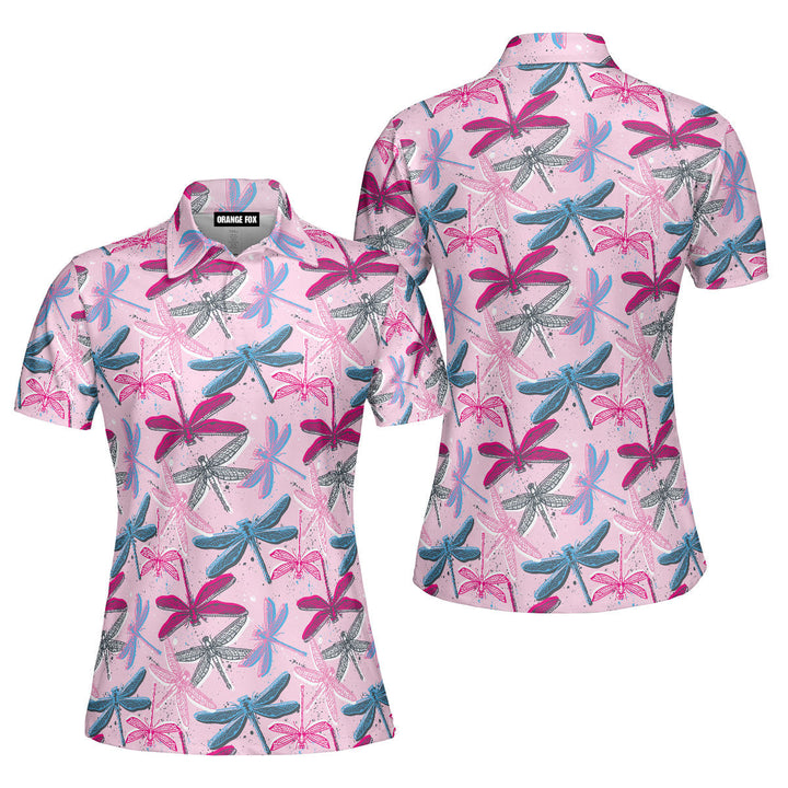 Pink Colorful Dragonflies Insects Polo Shirt For Women