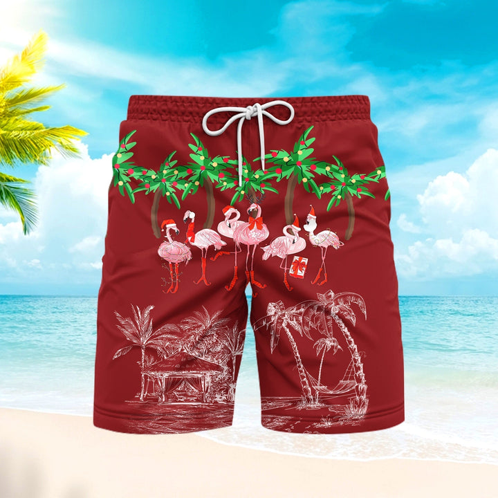 Pink Flamingo Happy Christmas In July Beach Shorts For Men