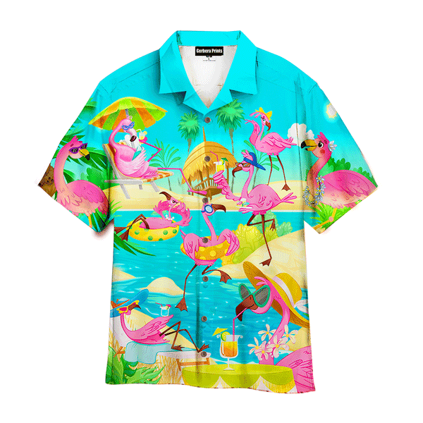 Pink Flamingo On The Beach Summer Blue Aloha Hawaiian Shirts For Men And For Women