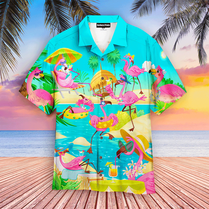 Pink Flamingo On The Beach Summer Blue Aloha Hawaiian Shirts For Men And For Women