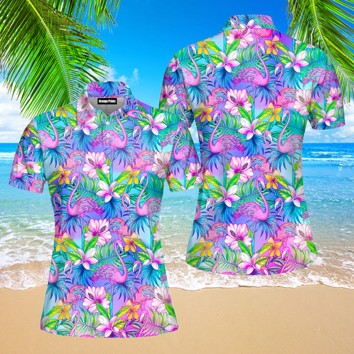 Pink Flamingo Tropical Polo Shirt For Women