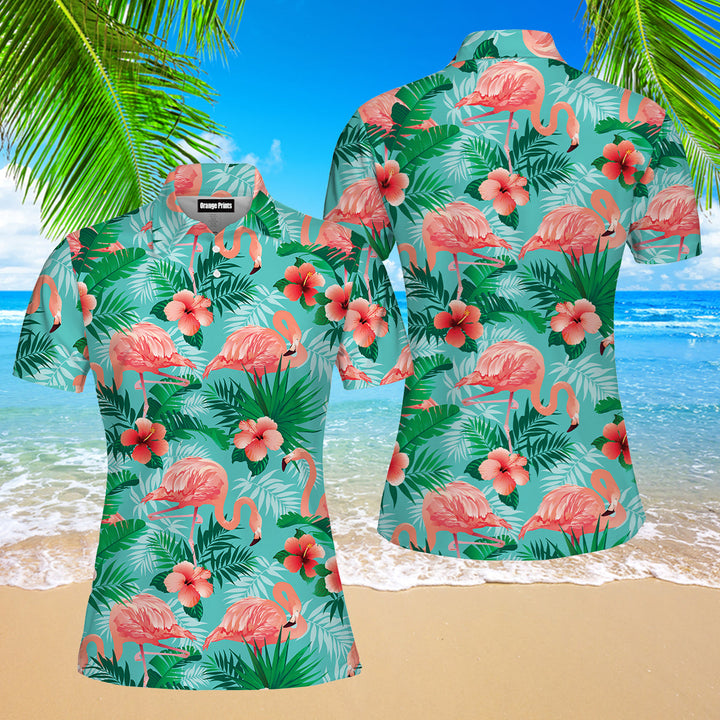 Pink Flamingos Exotic Birds Tropical Polo Shirt For Women