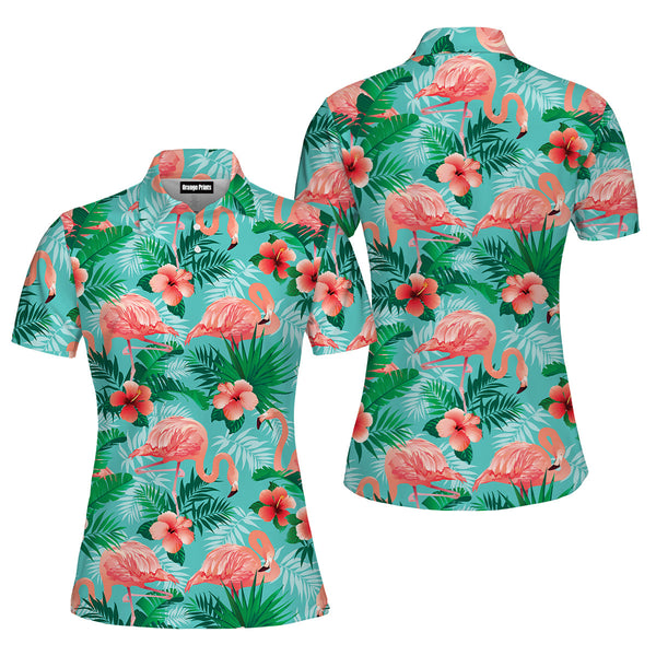 Pink Flamingos Exotic Birds Tropical Polo Shirt For Women