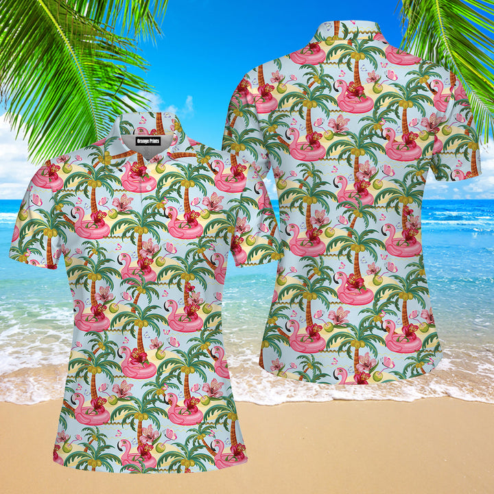 Pink Flamingos Summer Tropical Polo Shirt For Women