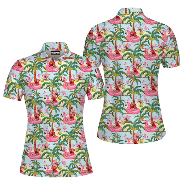 Pink Flamingos Summer Tropical Polo Shirt For Women