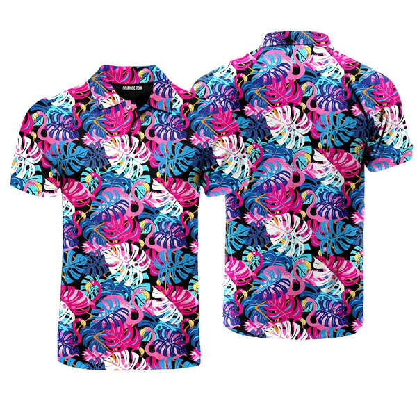 Pink Flamingos With Tropical Leaves Polo Shirt For Men