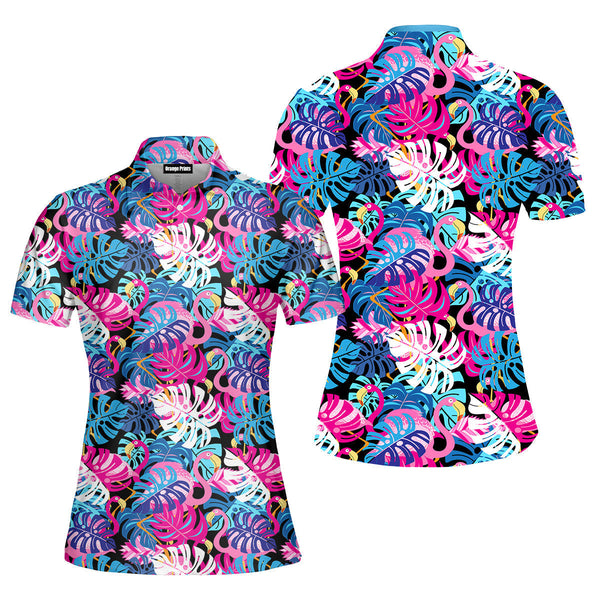 Pink Flamingos With Tropical Leaves Polo Shirt For Women