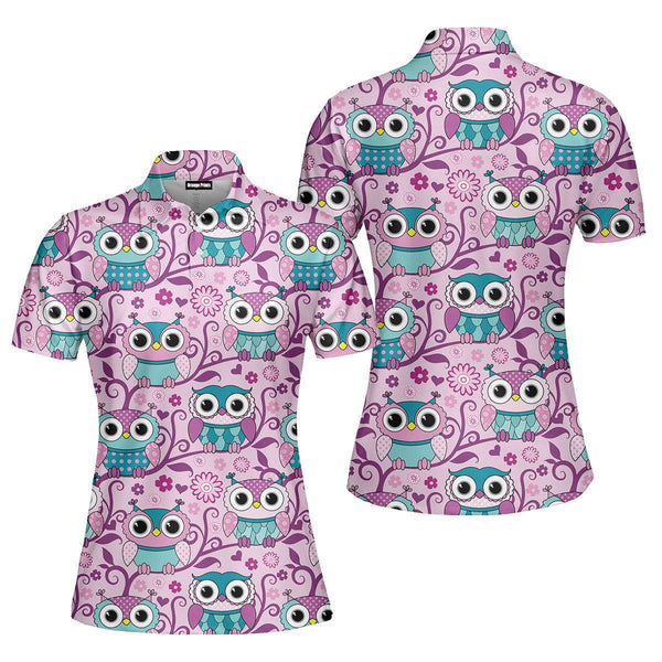 Pink Owls Hippie Polo Shirt For Women