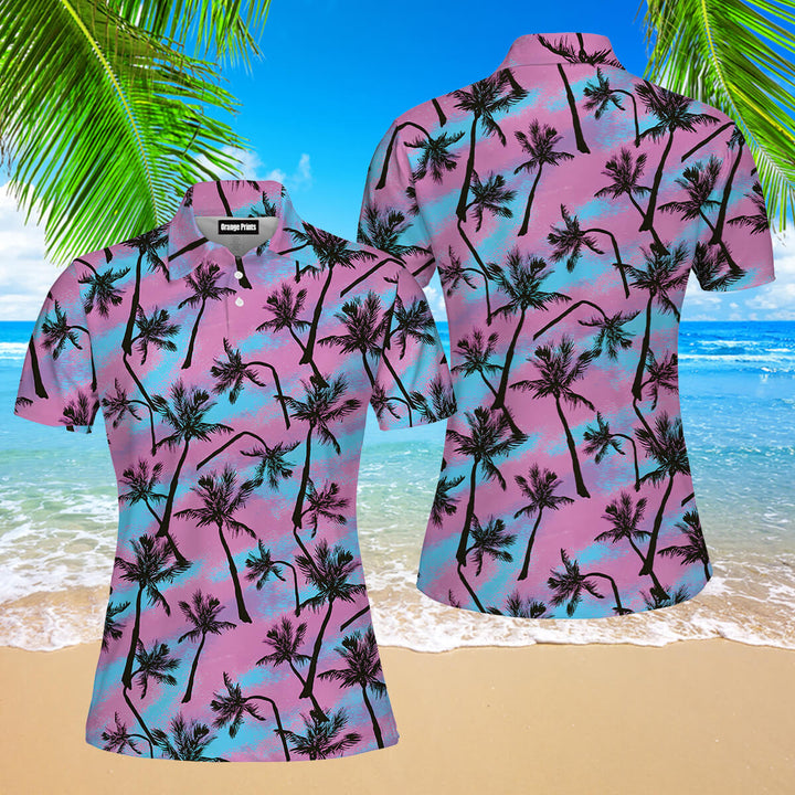 Pink Palm Tree Love Beach Polo Shirt For Women