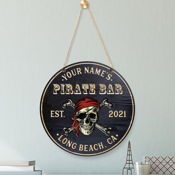 Pirate Bar Custom Round Wood Sign | Home Decoration | Waterproof | WN1380-Colorful-Gerbera Prints.