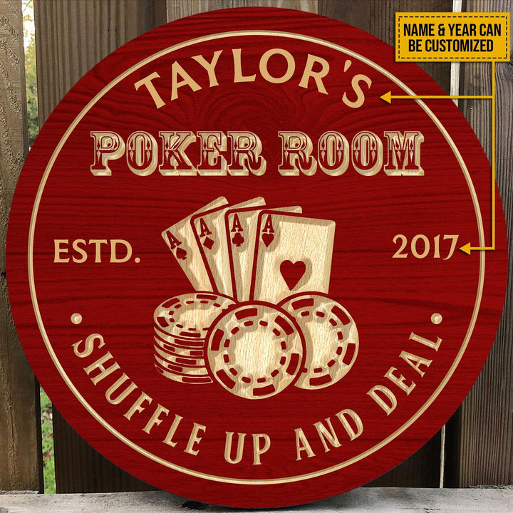 Poker Room Shuffle Up And Deal Custom Round Wood Sign | Home Decoration | Waterproof | WN1541-Gerbera Prints.
