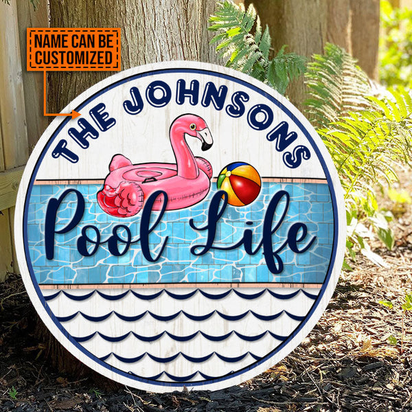 Pool Life Flamingo Custom Round Wood Sign | Home Decoration | Waterproof | WN1064-Colorful-Gerbera Prints.