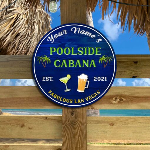 Poolside Bar & Grill Backyard Decor, Perfect Gift For Father’s Day Custom Round Wood Sign | Home Decoration | Waterproof | WN1520-Gerbera Prints.
