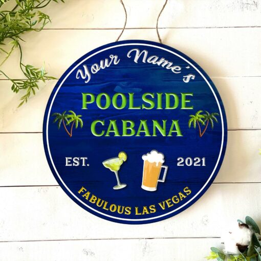 Poolside Bar & Grill Backyard Decor, Perfect Gift For Father’s Day Custom Round Wood Sign | Home Decoration | Waterproof | WN1520-Colorful-Gerbera Prints.