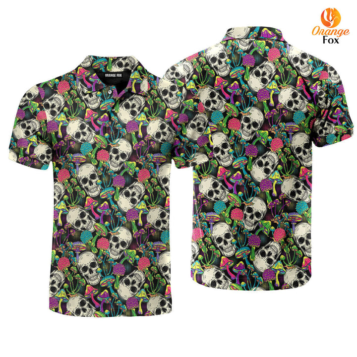 Psychedelic Human Skull Mushrooms Circular Halftone Polo Shirt For Men