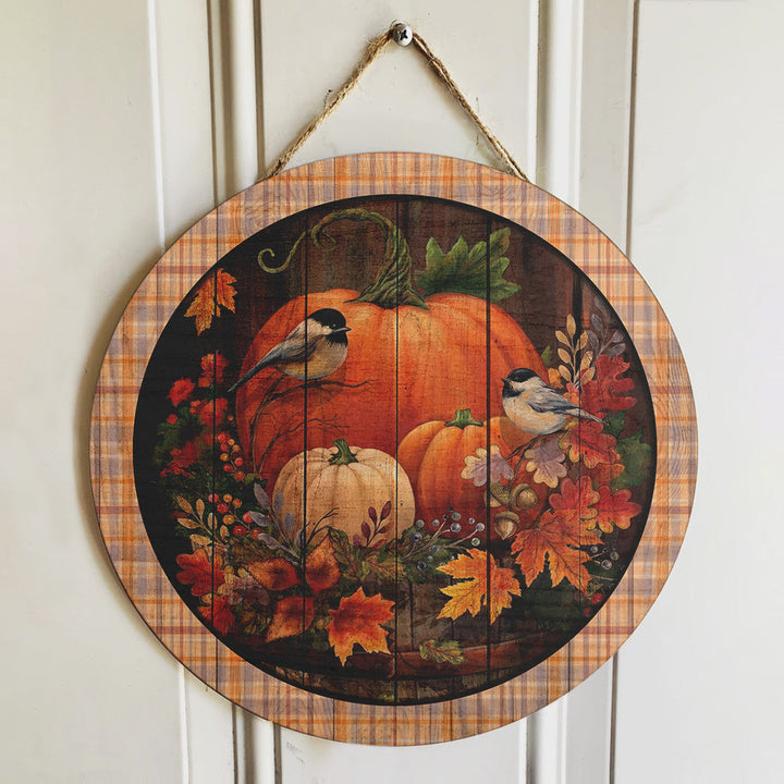 Pumpkin Patch And Bird Round Wood Sign | Home Decoration | Waterproof | WS1240-Colorful-Gerbera Prints.