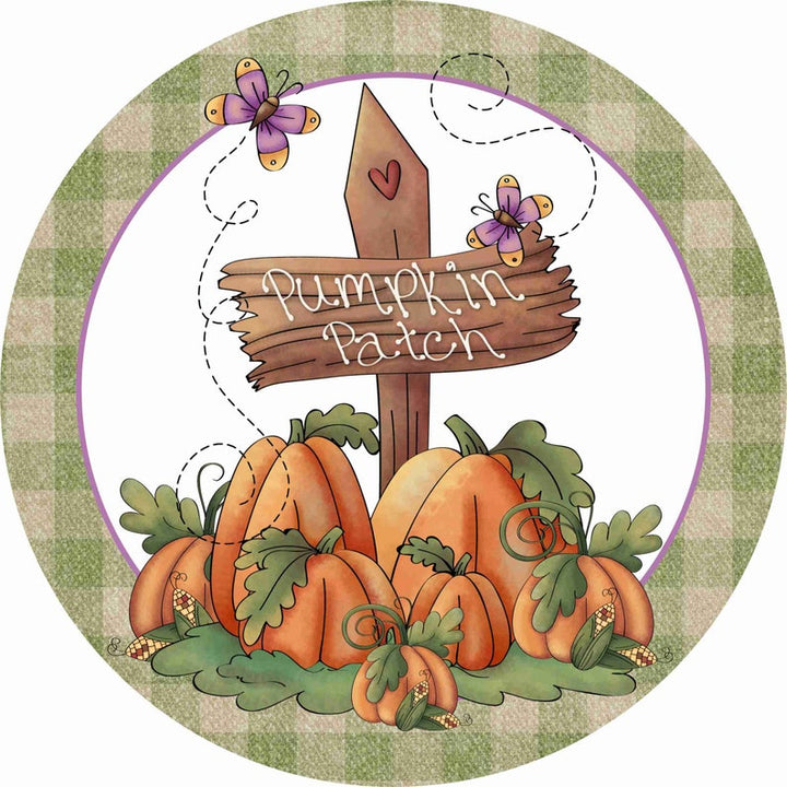 Pumpkin Patch Fall Round Wood Sign | Home Decoration | Waterproof | WS1292-Colorful-Gerbera Prints.