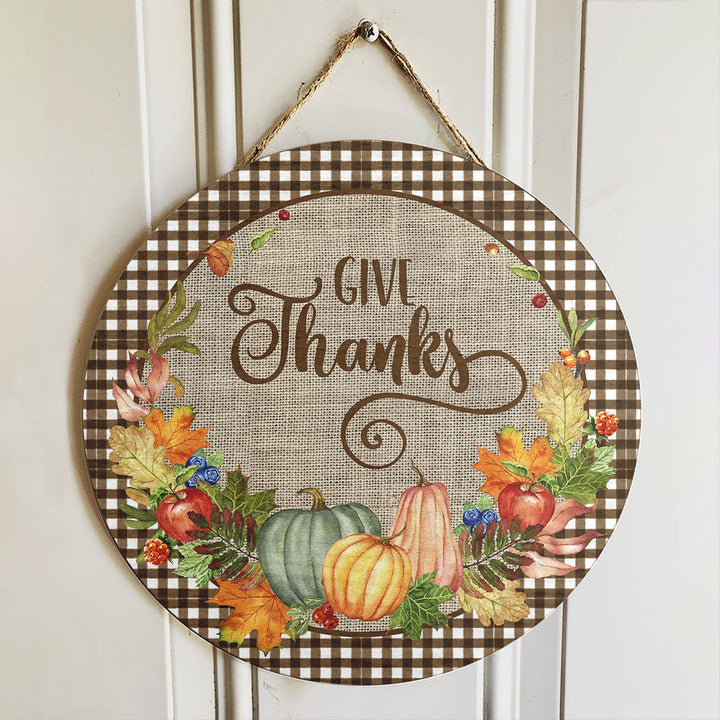 Pumpkins & Fall Leaves Decor - Autumn Thanksgiving Gift Round Wood Sign | Home Decoration | Waterproof | WS1259-Colorful-Gerbera Prints.