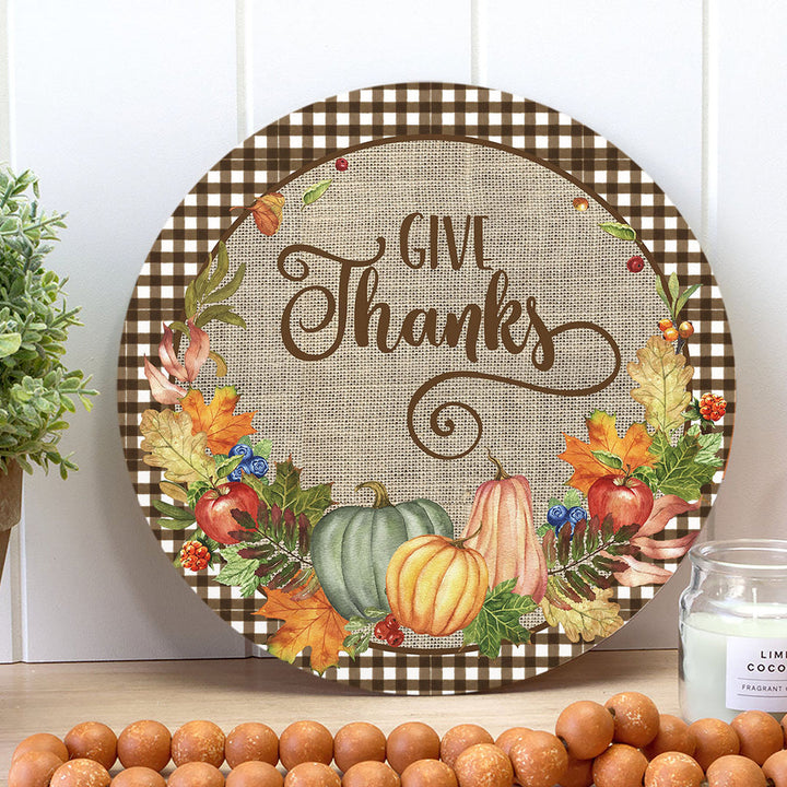 Pumpkins & Fall Leaves Decor - Autumn Thanksgiving Gift Round Wood Sign | Home Decoration | Waterproof | WS1259-Gerbera Prints.