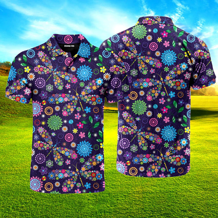 Purple Dragonfly And Flowers Polo Shirt For Men