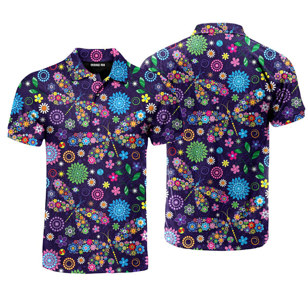 Purple Dragonfly And Flowers Polo Shirt For Men