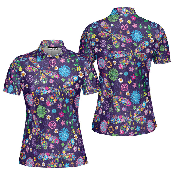 Purple Dragonfly And Flowers Polo Shirt For Women