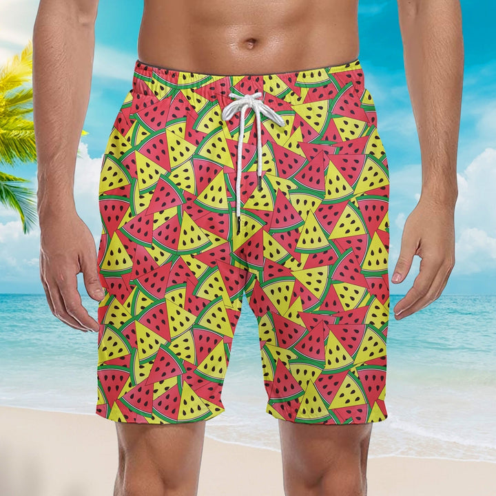 Red And Yellow Watermelon Slices Pattern Beach Shorts For Men