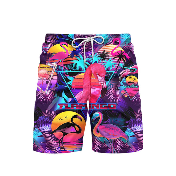 Retro Neon Tropical Flamingo Beach Shorts For Men