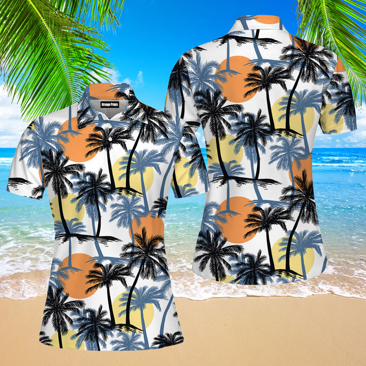 Retro Sunset Palm Trees Tropical Pattern Polo Shirt For Women