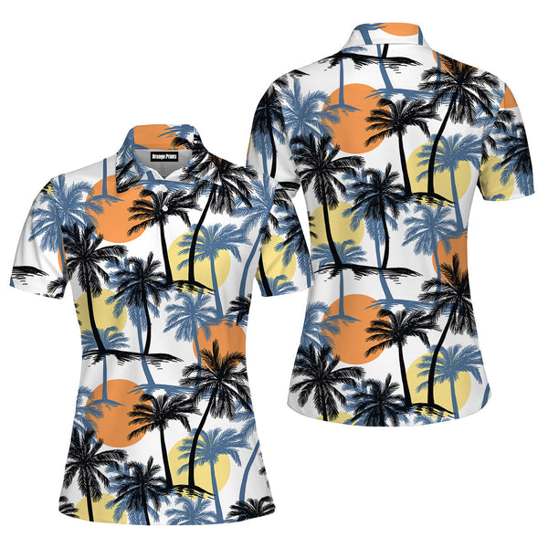 Retro Sunset Palm Trees Tropical Pattern Polo Shirt For Women