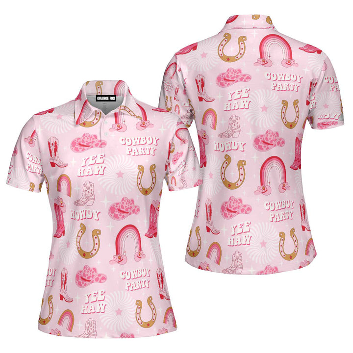 Rodeo Cowgirl Retro Horseshoe Cactus Pink Polo Shirt For Women