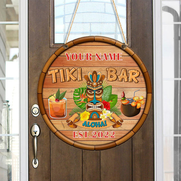 Round Wooden Aloha Tiki Bar Custom Round Wood Sign | Home Decoration | Waterproof | WN1386-Gerbera Prints.